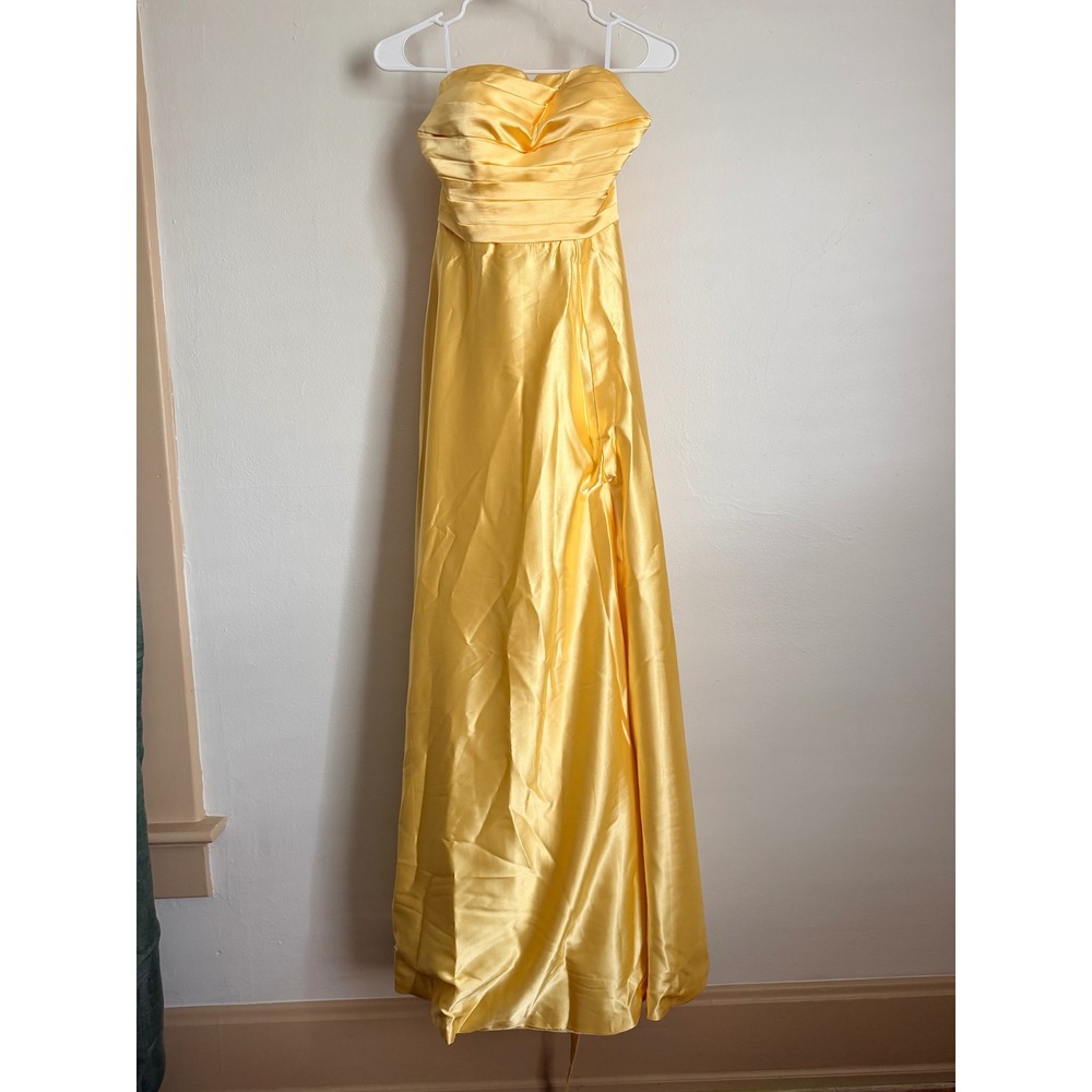 Yellow Satin Strapless Sweetheart Ruched Evening Gown Maxi Dress Formal Prom